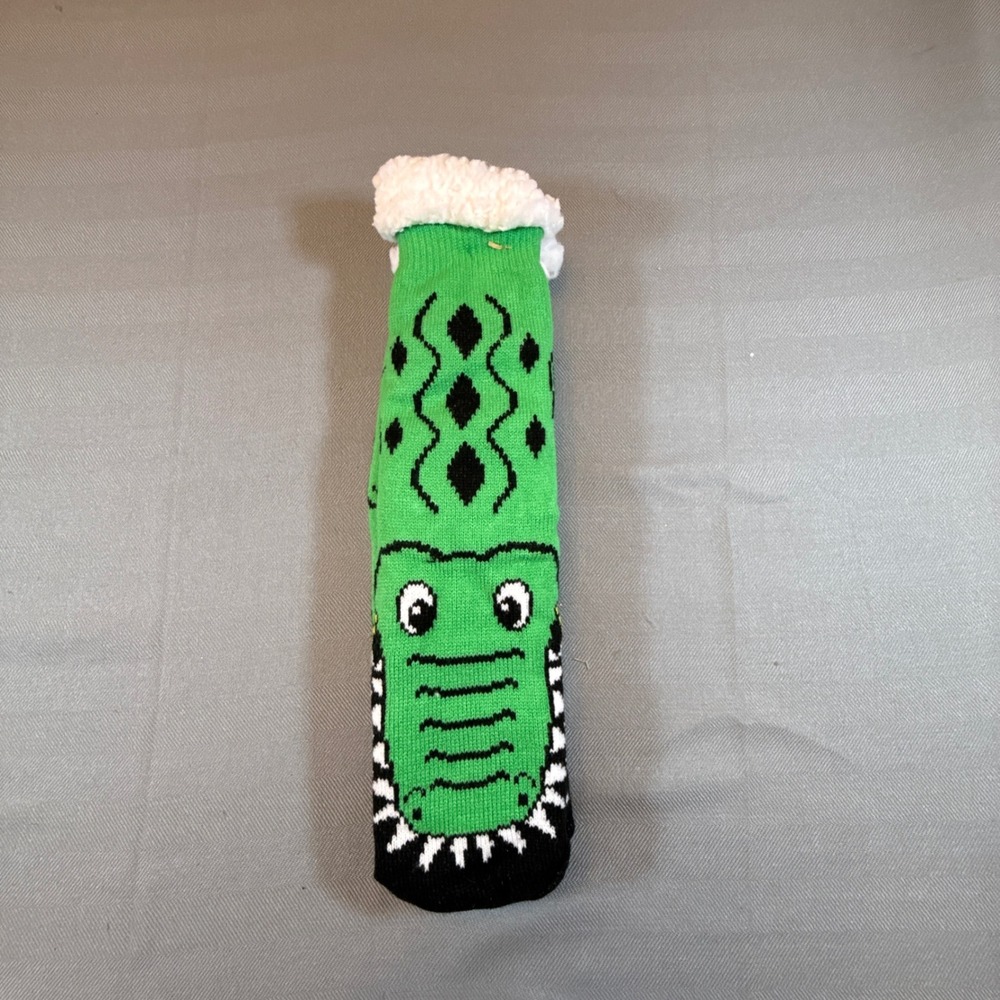 Green Alligator Slipper Socks Faux Shearling Lined Non-Slip Gripper Bottoms 2260